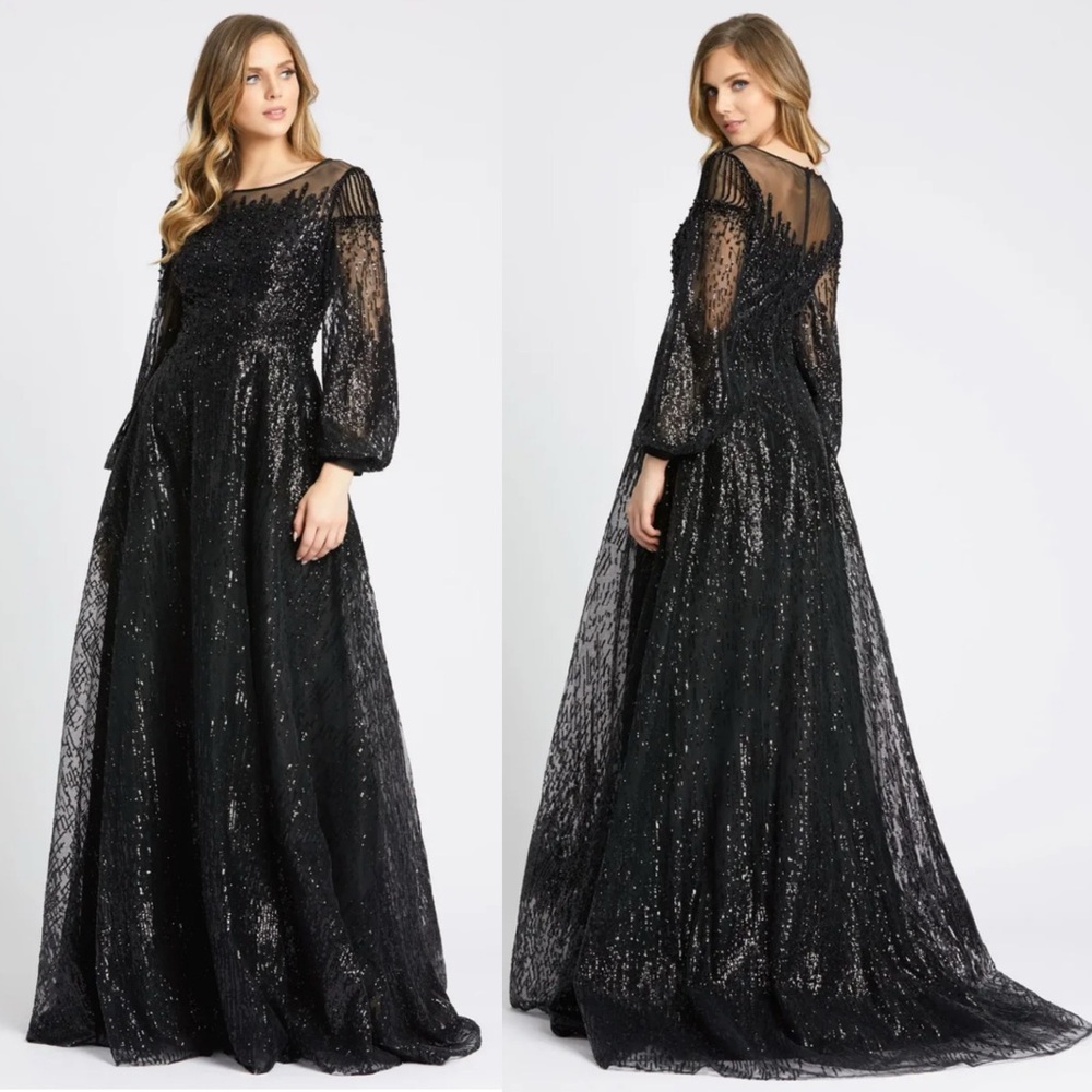 NEW NWT Mac Duggal Jewel Encrusted Illusion Long Sleeve A Line Maxi Gown Black